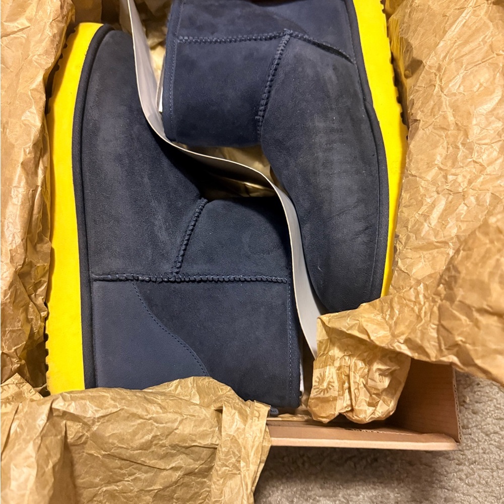 UGG Men's classic mini Navy Suede Boots with Bright Yellow Sole